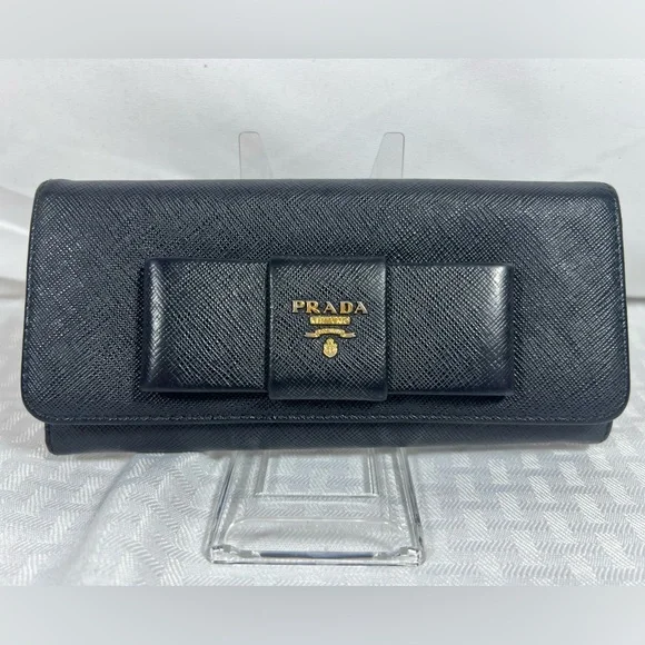 Prada Black Saffiano Bow Long Wallet Zip Coin Italy - Picture 4 of 12